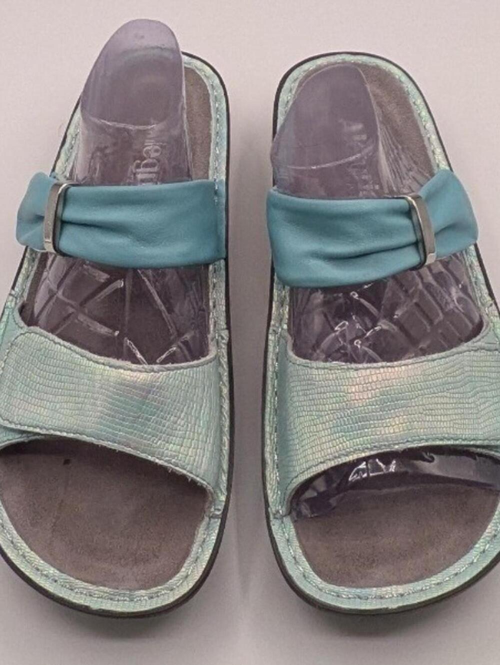 Alegria EU 38 Mint Teal Iridescent Leather Adjustable Comfort Wedge Sandals